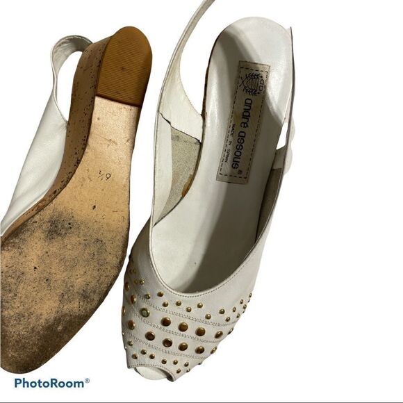 Vintage André Assous White and gold studded Soft Leather Wedges - Picture 5 of 6